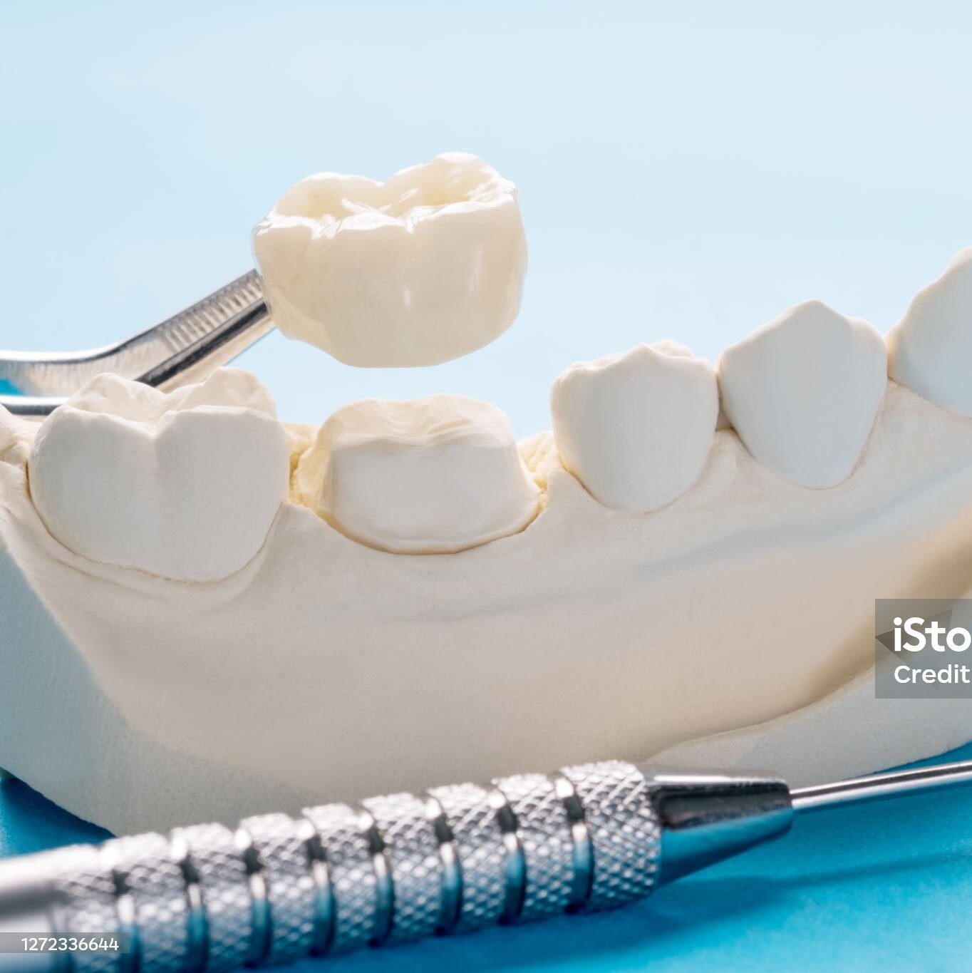 Closeup / Prosthodontics or Prosthetic / Single teeth crown and bridge equipment model express fix restoration.